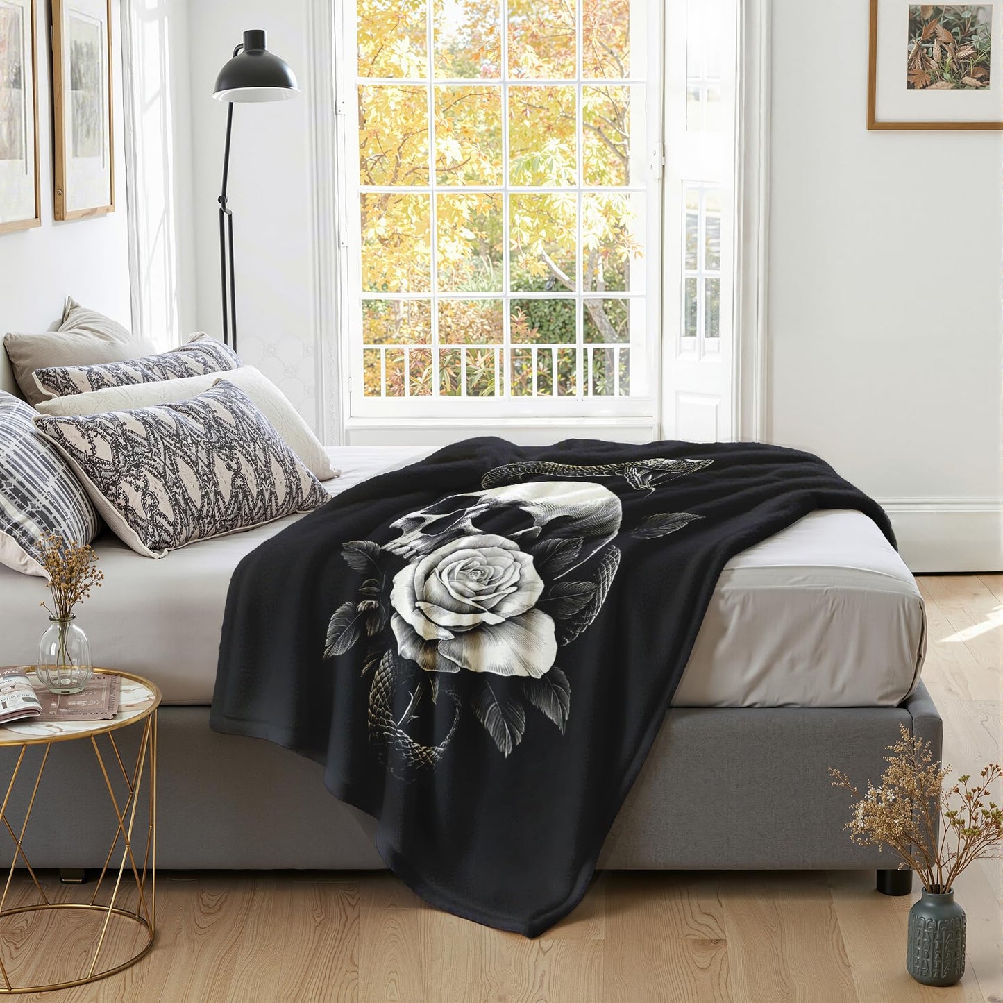 GEDAEUBA Gothic Blanket Soft - Goth Skull Rose Snake Fleece Blanket Throw, Soft Cozy Blankets & Throws for Couch, Bed, and Sofa, 50x60 inches