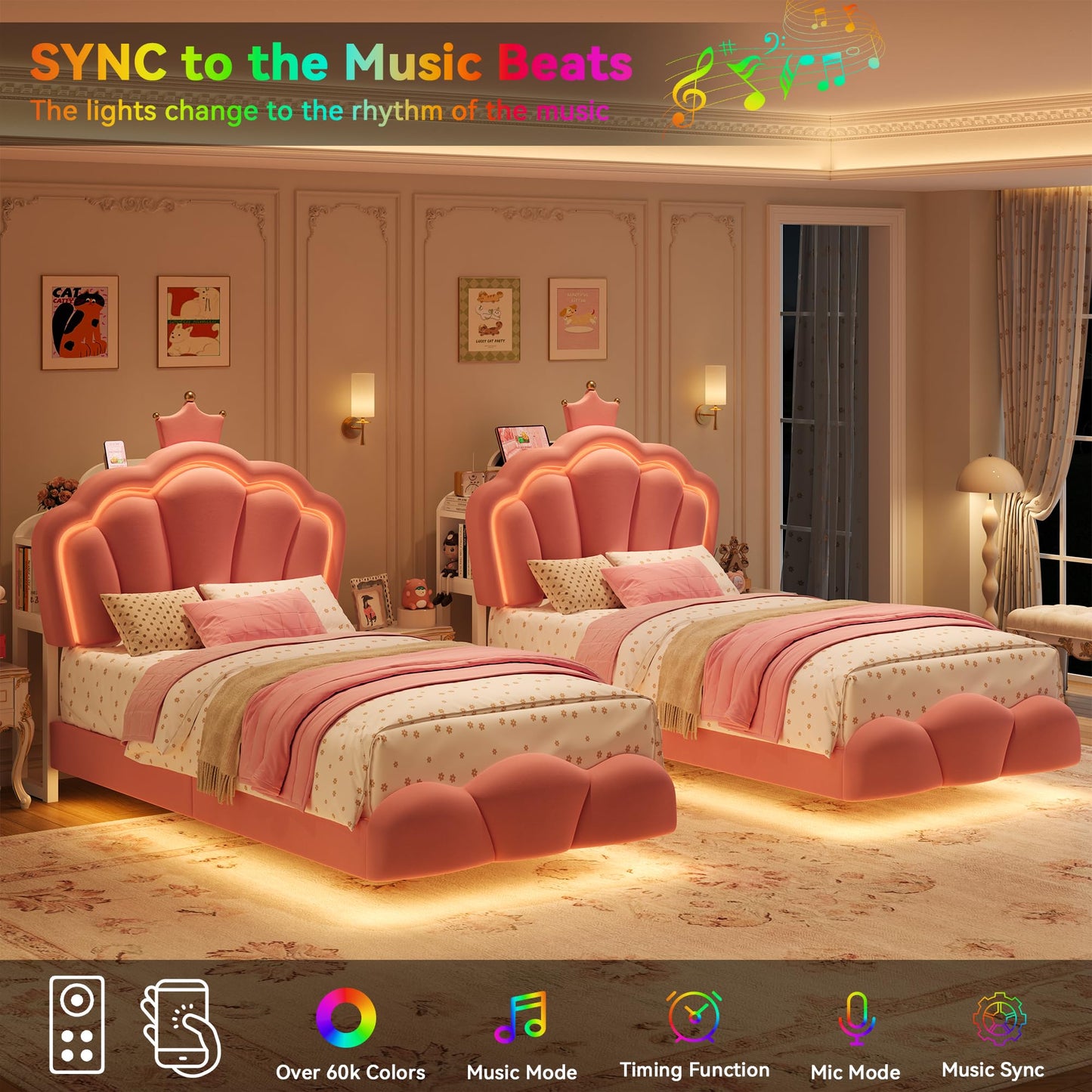 Keyluv Twin Floating Bed Frame with Led Lights & Charging Station, Princess Bed with Storage Bookcase Headboard, Velvet Upholstered Platform Bed with Cloud-Shaped Footboard for Girls, Noise free, Pink
