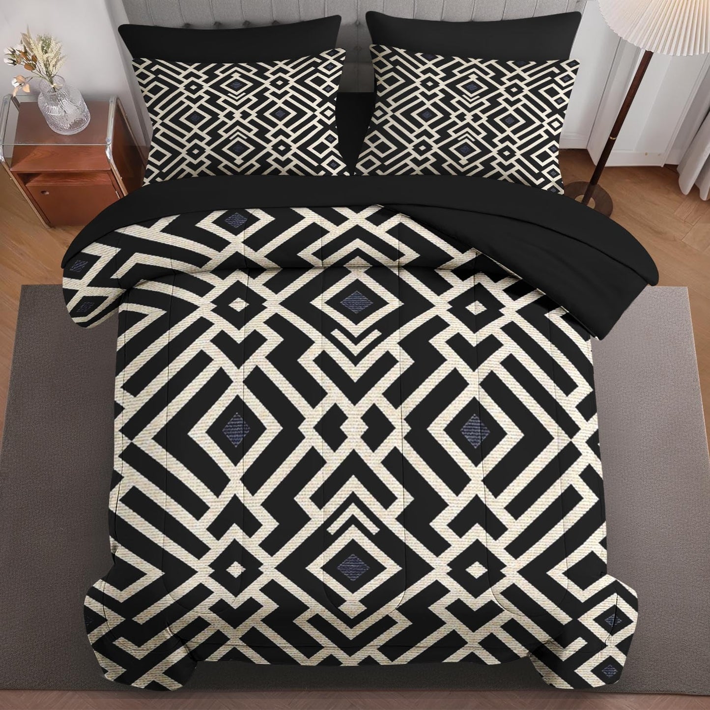 Boewywh Comforter Set Twin Size Geometric Aztec Boho 7 Pcs, Bedding for Kids and Adults, Black Beige Bed Sheet Sets with Fitted Sheet 2 Pillowcases & 2 Shams for Bedroom Bed Decor