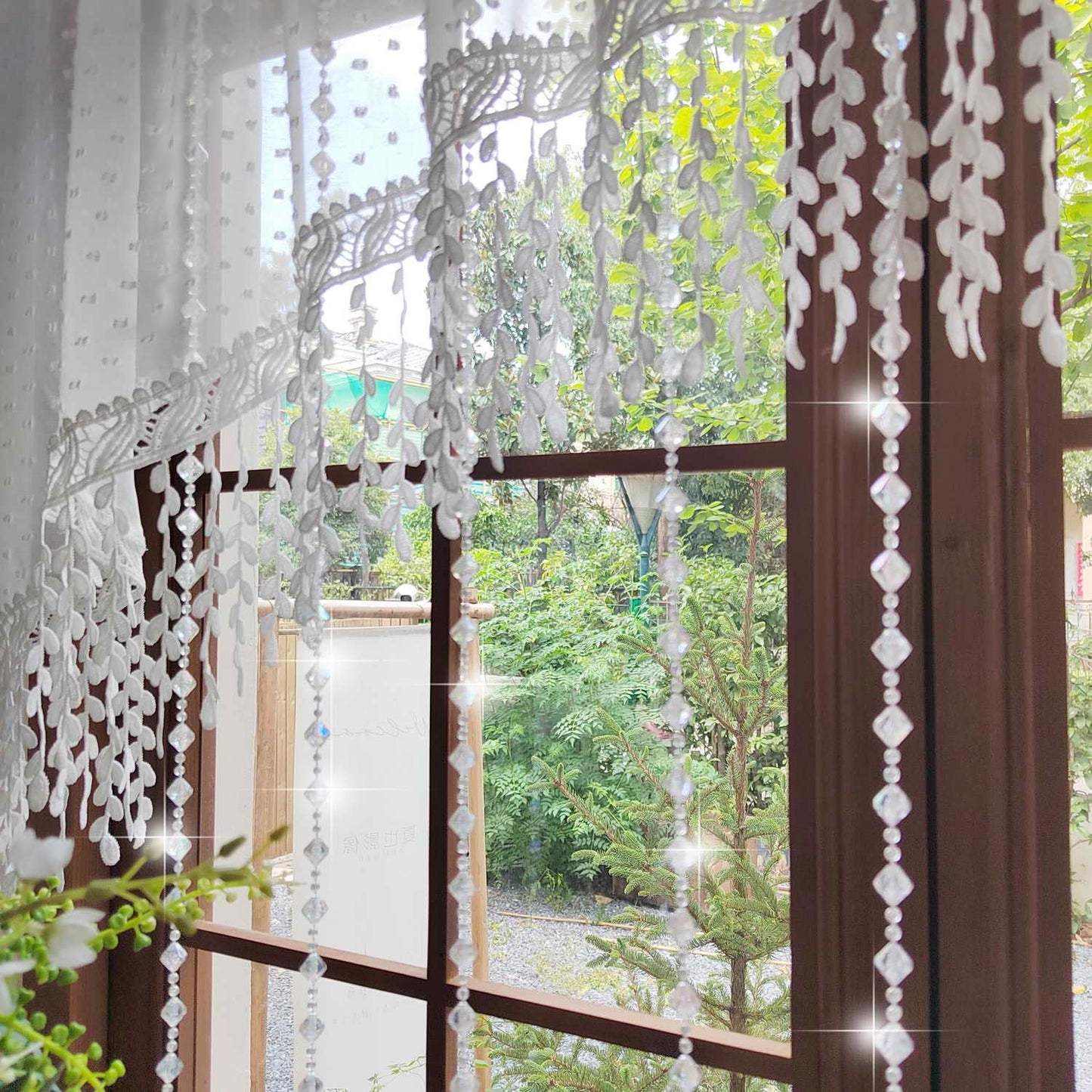 White Arched Sheer Valance Boho Pompom Short Curtain Tier with Crystal Beads for Doorways Tassels Swag Curtain Room Divider Dining Room Glass Door Rod Pocket 1Panel (W59 X L43 INCH,White)
