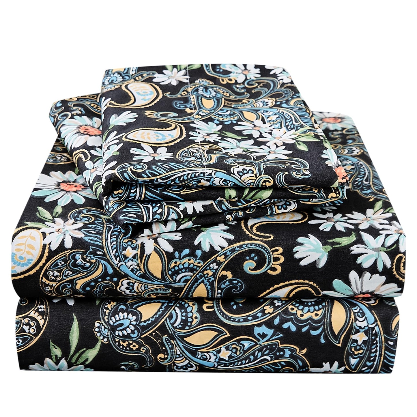 JSD Black Paisley Floral Printed Sheet Set Queen Size, 4 Piece Soft Pattern Microfiber Sheets Extra Deep Pocket