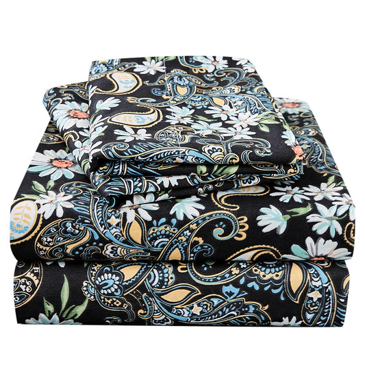 JSD Black Paisley Floral Printed Sheet Set Queen Size, 4 Piece Soft Pattern Microfiber Sheets Extra Deep Pocket