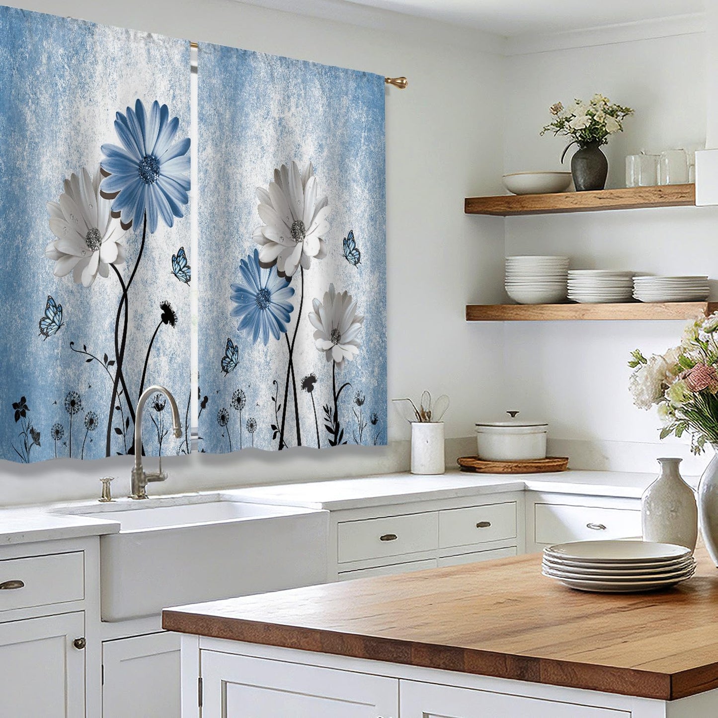 Cizuug Rustic Blue Daisy Floral Kitchen Curtains Farmhouse Flower Small Short Cafe Window Curtains Butterfly Country Rod Pocket Bathroom Window Drapes Treatment Tier Curtains 2 Panels (27.5x39 Inch)