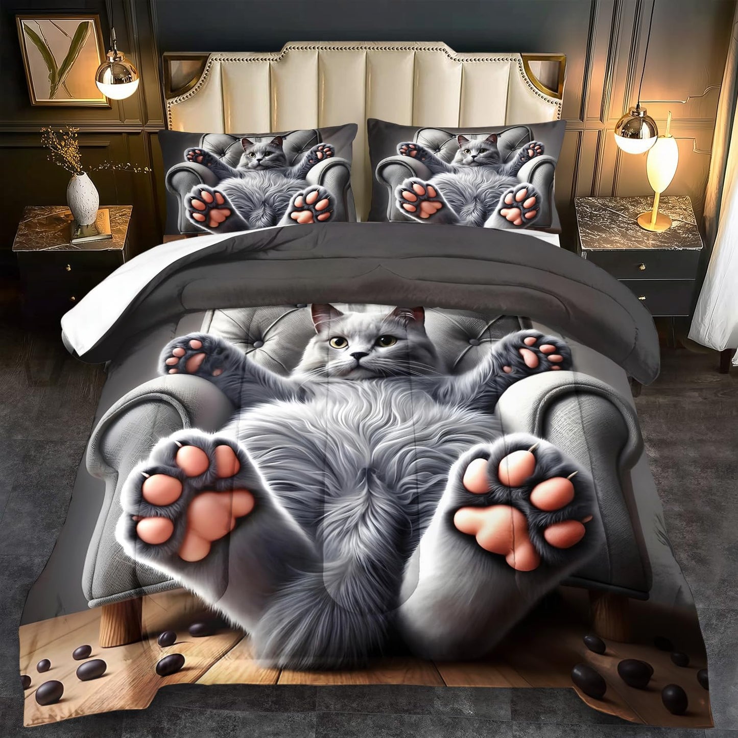 llyxsesty Cute Cat Comforter Set King,Grey Kawaii Cat Bedding Set Adult,Cute Animal Comforter for Boy,American Shorthair Bedding Grey,Kawaii Animal Print Quilt Bedroom Decor Kids