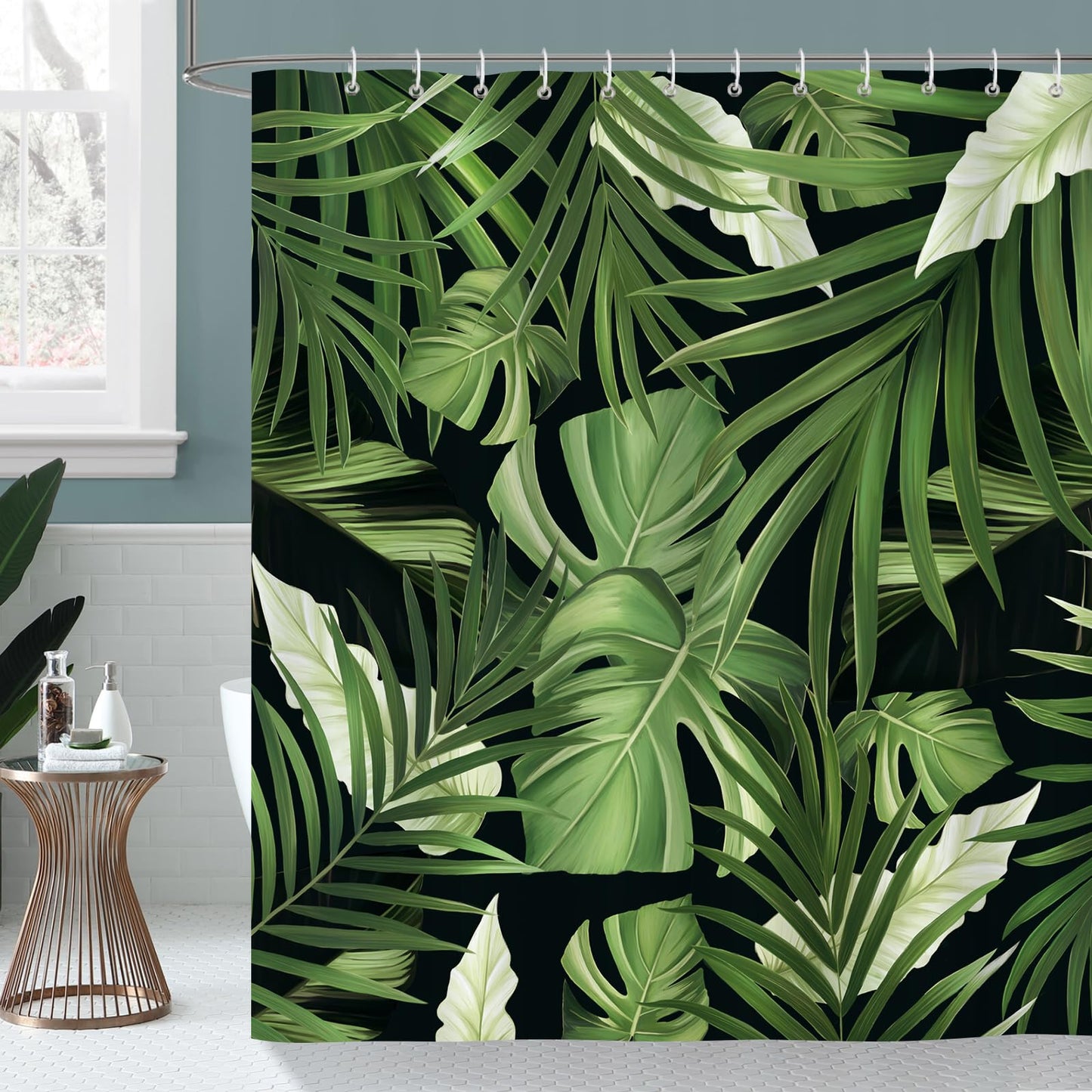 Bonhause Tropical Leaves Shower Curtain, Dark Green Jungle Plant Palm Monstera Leaf Bathroom Decor 72x72 Inch Polyester Fabric Waterproof Bath Curtain with 12 Hooks