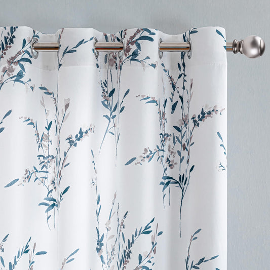 MYSKY HOME Floral Curtains 63 Inch Curtains 2 Panel Set for Bedroom Living Room Light Filtering Curtains for Home Decor Grommet Curtains Leaf Flower Printed Window Treatments, Navy Blue