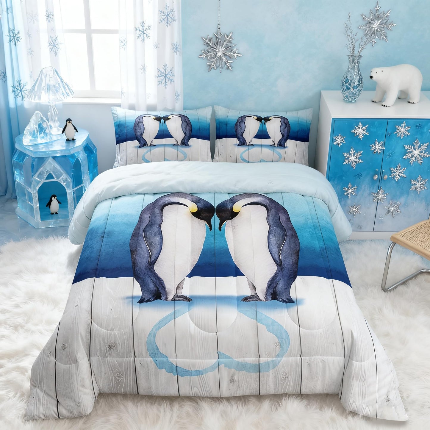 Homewish Couple Penguin Comforter Set,Antarctic Animals Bedding Set for Kids Girls Women,Adults Penguin Comforter,Blue and White Quilted Duvet Set Bedroom Collection Twin Size 2Pcs