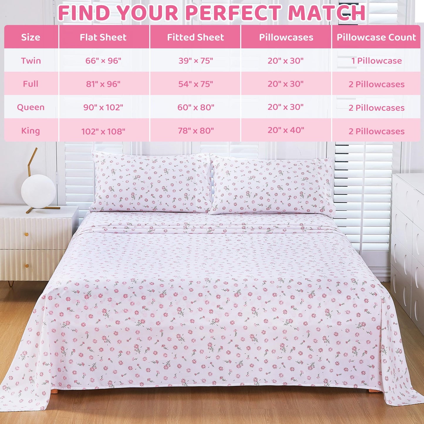 Mooreeke Cozy Vintage Microfiber Printed Floral Queen Sheet Set - Soft & Breathable Pink Daisy Bed Sheets with Extra Deep Pocket - Non-Slip Fitted Design - Daisy Pattern - Queen