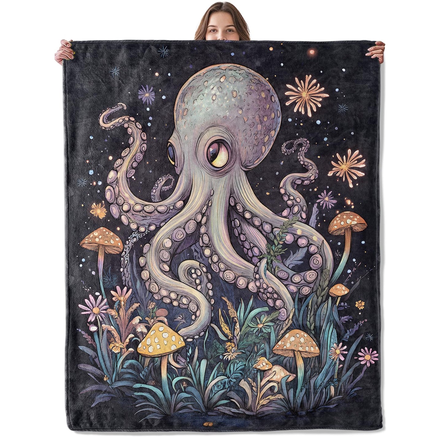 Lugiu Mystical Octopus Blanket, Lightweight Comfy Fascinating Marine Life Blankets for Couch Sofa Bedroom, Soft Plush Travel Flannel Ocean Throw Blanket Gifts for Women Adults Kids, Home Decor 60×50in