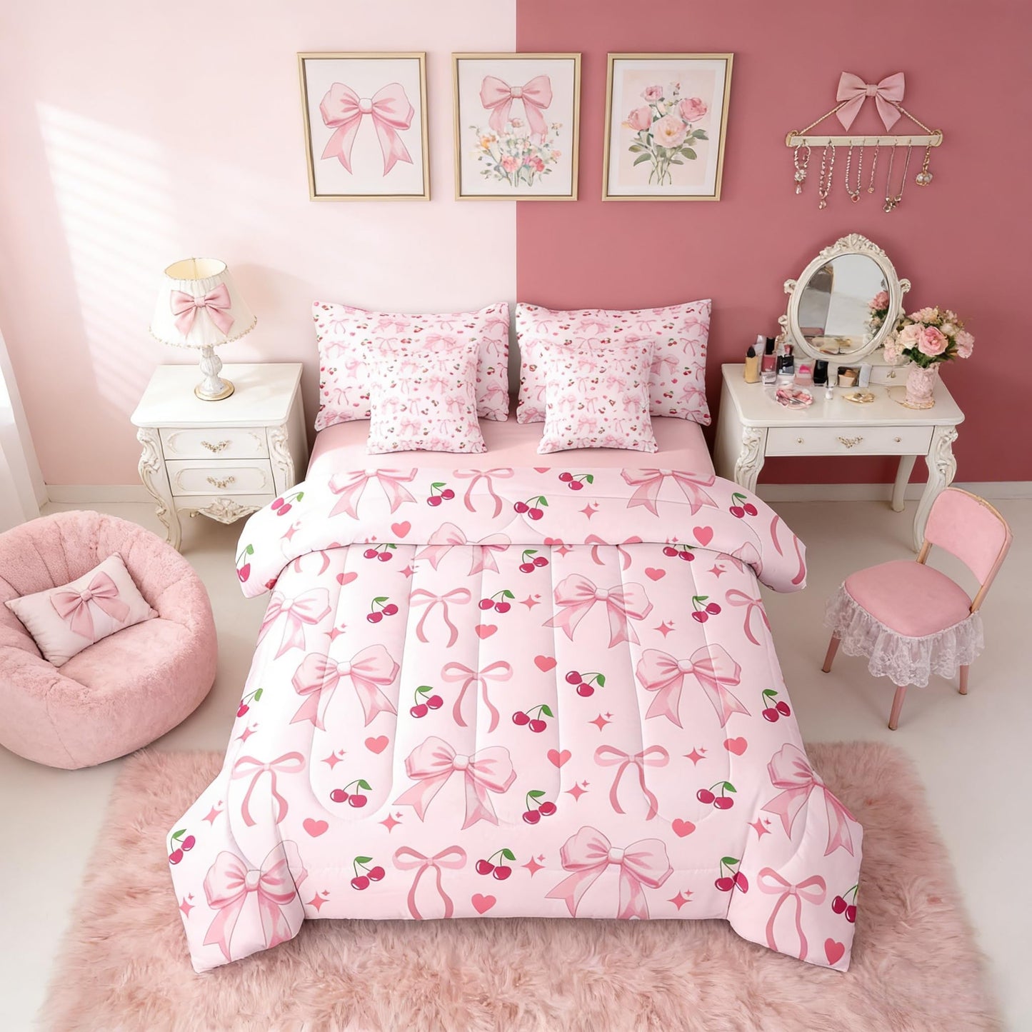 Erosebridal Girly Pink Cherry Bowknot Full Comforter Set 7 Pieces | Ribbon Bow Bed in A Bag for Bedroom Love Hearts Coquette Bedding Set with Comforters Love Hearts Coquette Room Decor