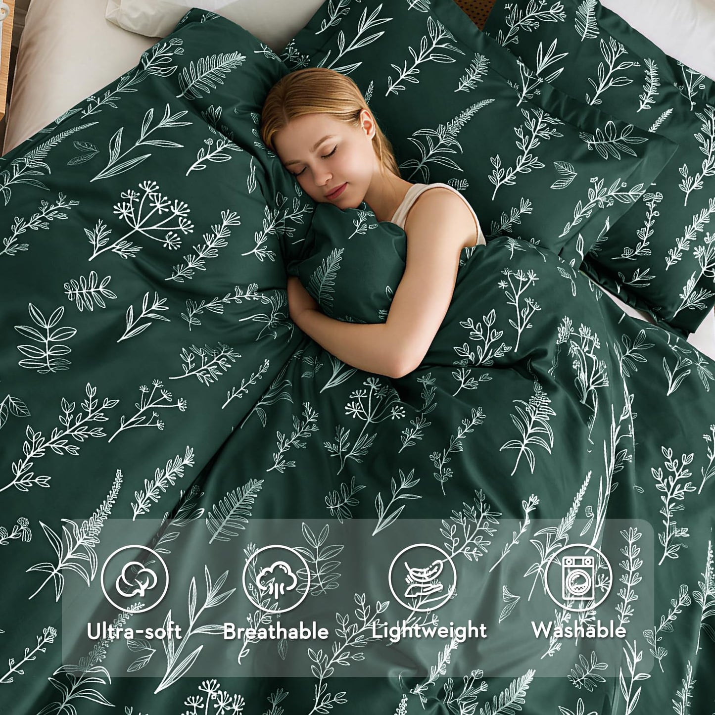 MUXHOMO Duvet Cover Queen Size, Reversible Floral Forest Green Duvet Cover Set with Zipper Closure, 3 Pieces Botanical Patterns Soft Microfiber Bedding Set with 4 Ties (90"x90", 2 Pillow Cases)