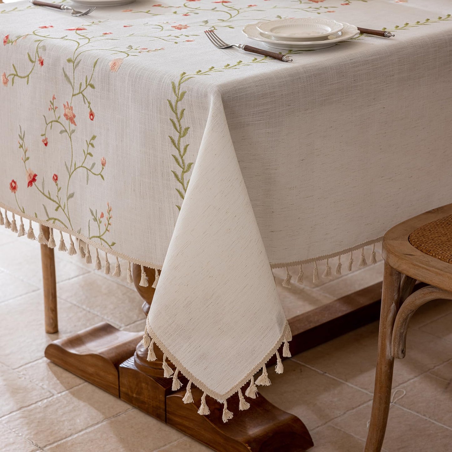 Joyfol Day Linen Spring Flowers Tablecloth with Tassels, Rustic Farmhouse Embroidery Waterproof Table Cloths for Rectangle Tables, Heavy Weight Spill-Proof Table Covers, Pink Florals, 55''x 70''