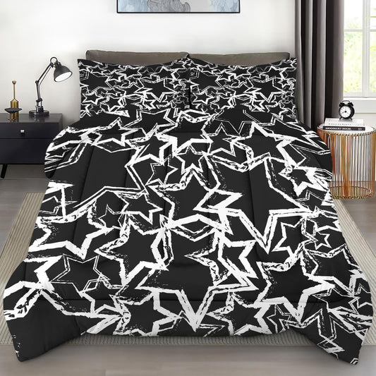 Pamnest Comforter Set Queen Size, Starry White Star Soft 3 Pcs Bedding for Kids and Adults, Charcoal Board Geometric Comforter Set with Pillowcase, for Bedroom Bed Decor