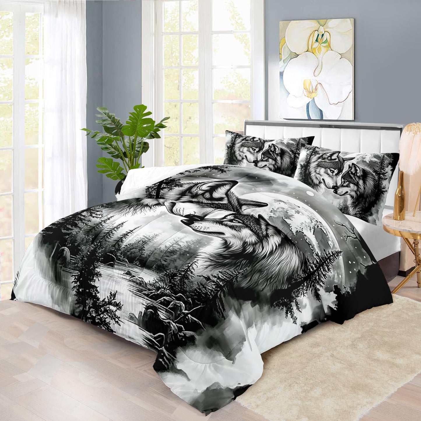 llyxsesty Wolf Comforter Set King for Boys Black and White Animal Bedding Set Girls Couple Wolf Comforter King Quilt Forest Room Decor Animal Home Decor Bedroom