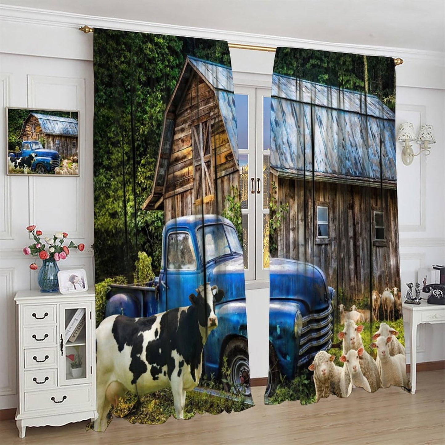 VUMIVI Rustic Farmhouse Curtains Barn Blue Pickup Truck Cows Sheep Trees Grasslands Pastoral Landscape Rod Pocket Window Treatments for Boys Girls Bedroom Kitchen Living Dining Cafe 42" W X 44.5" L