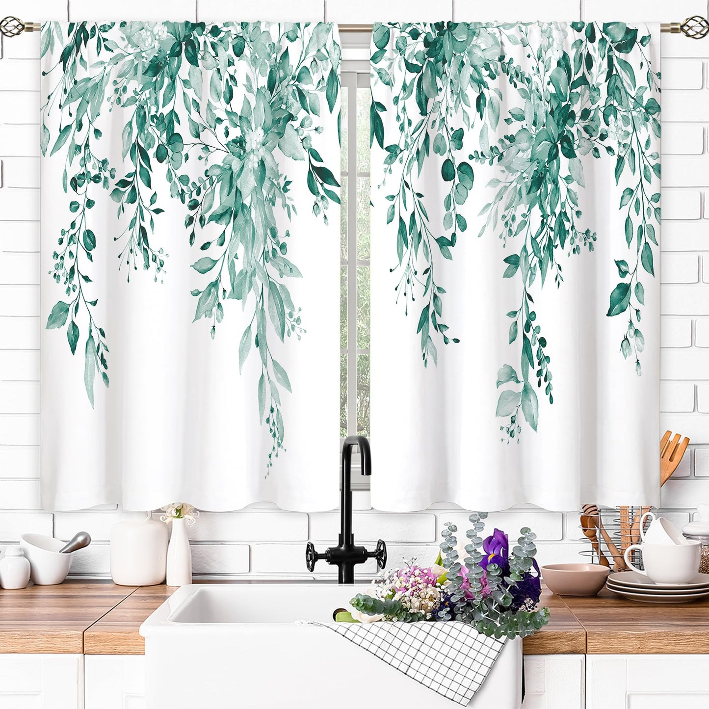 oolygoo Eucalyptus Botanical Leaves Teal Floral Kitchen Window Curtains Over Sink Farmhouse Flower Leaf Small Window Treatment Cafe Short Curtains for Bathroom Treatment Tier Drapes 27.5x39inch
