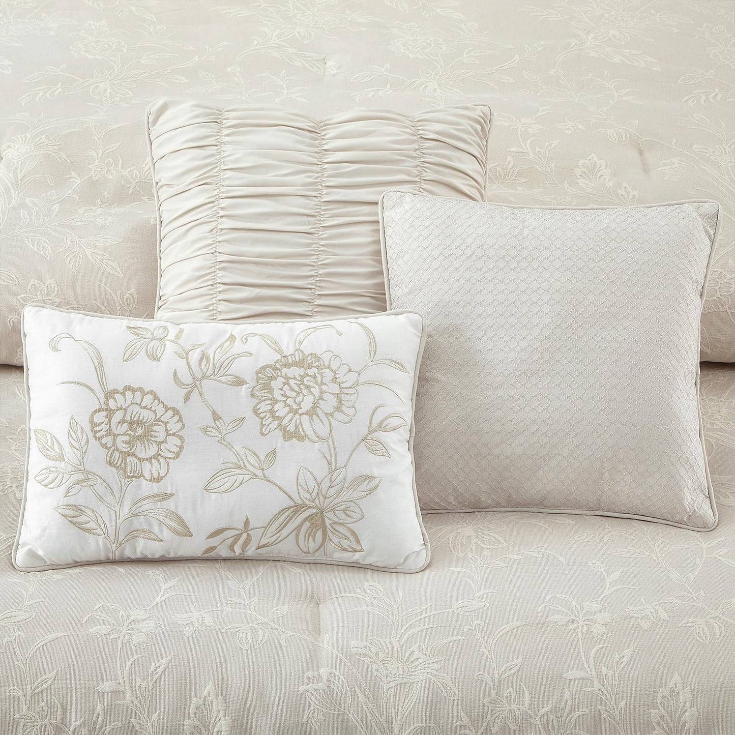 LANCO MODERN LIFESTYLE 7 Piece Beige Comforter Set, Queen, Cotton Fabric Jacquard Patchwork Floral, Year-Round Comfort Bed in a Bag with Bed Skirt, Shams & Decorative Pillows