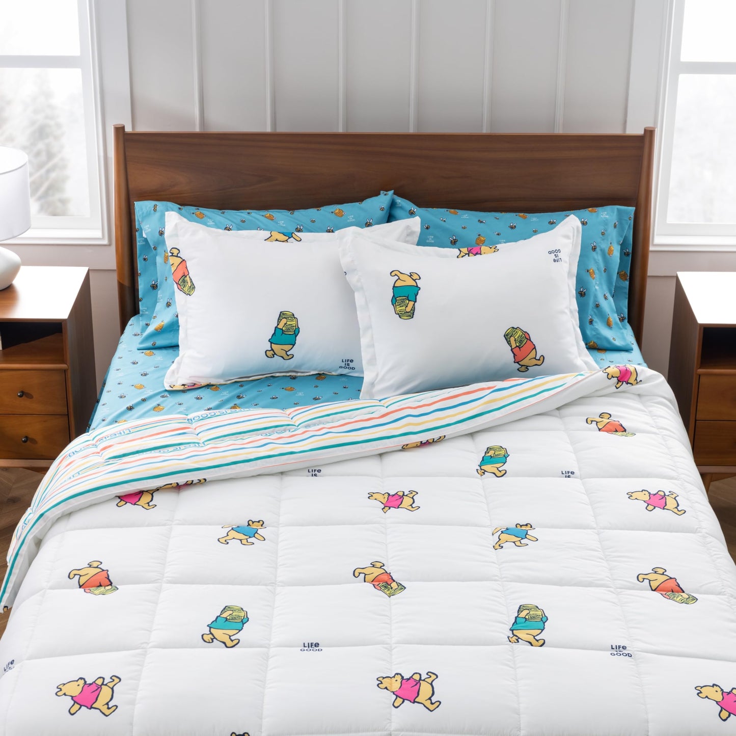 Berkshire LIG Printed Reversible Microfiber Comforter Set–7-Piece, Ultra Soft All-Season Bedding, Wrinkle & Fade Resistant, Queen, Dancing White
