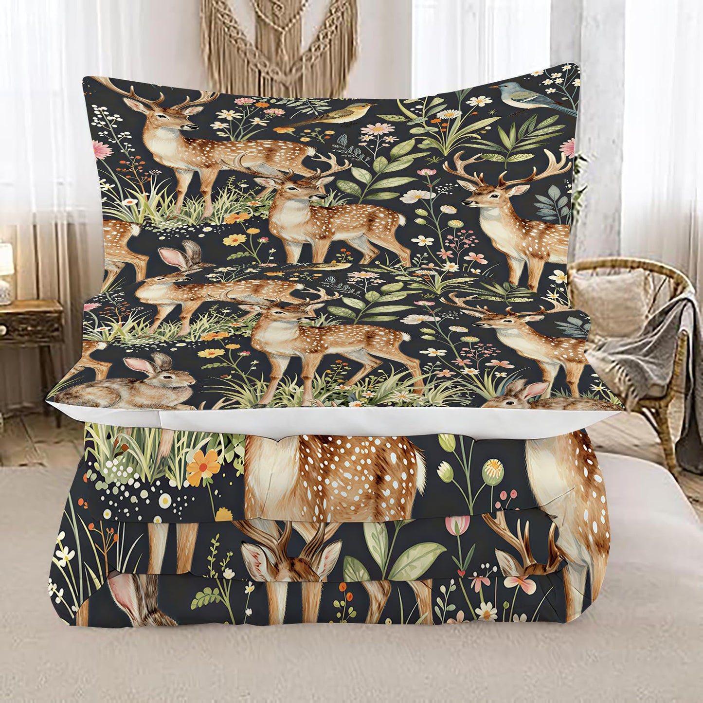 EDGZKO Hunting Themed Comforter Set, Queen Size Deer Rabbit Bedding Set for Boys Girls Kids Teens Adults, Elk Moose Quilt Duvet Bed Set, Wild Animals Bedroom Decor 1 Comforter & 2 Pillowcases
