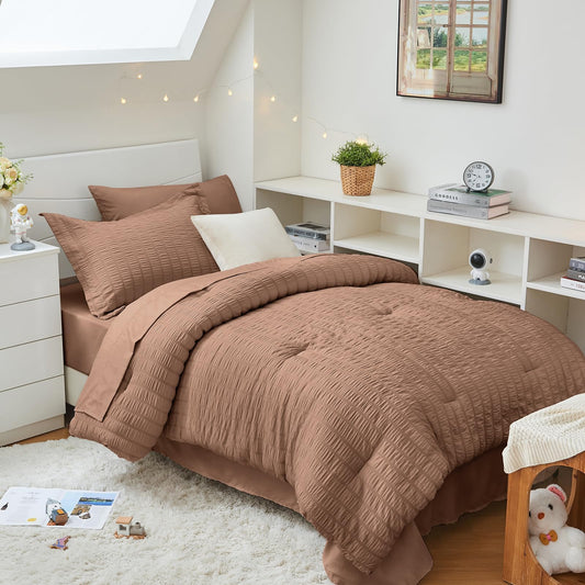 HYMOKEGE Mocha Mousse Twin Comforter Set Seersucker 5 Pieces, All Season Luxury Bed in a Bag for Bedroom, Bedding Set with Comforter, Sheets, Pillowcase & Sham