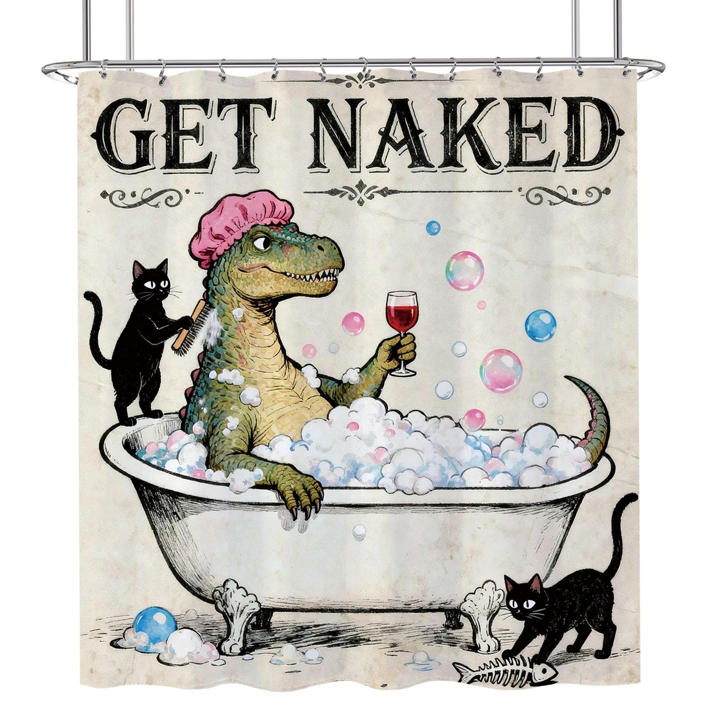 Opeoddie Black Cat Funny Dinosaur Shower Curtain Cool Get Naked Boys Kids Shower Curtains Set Cute Animal in Bathtub Bath Curtain Retro Rustic Dino Raptor Teen Fun Bathroom Decor 60Wx72H Inch