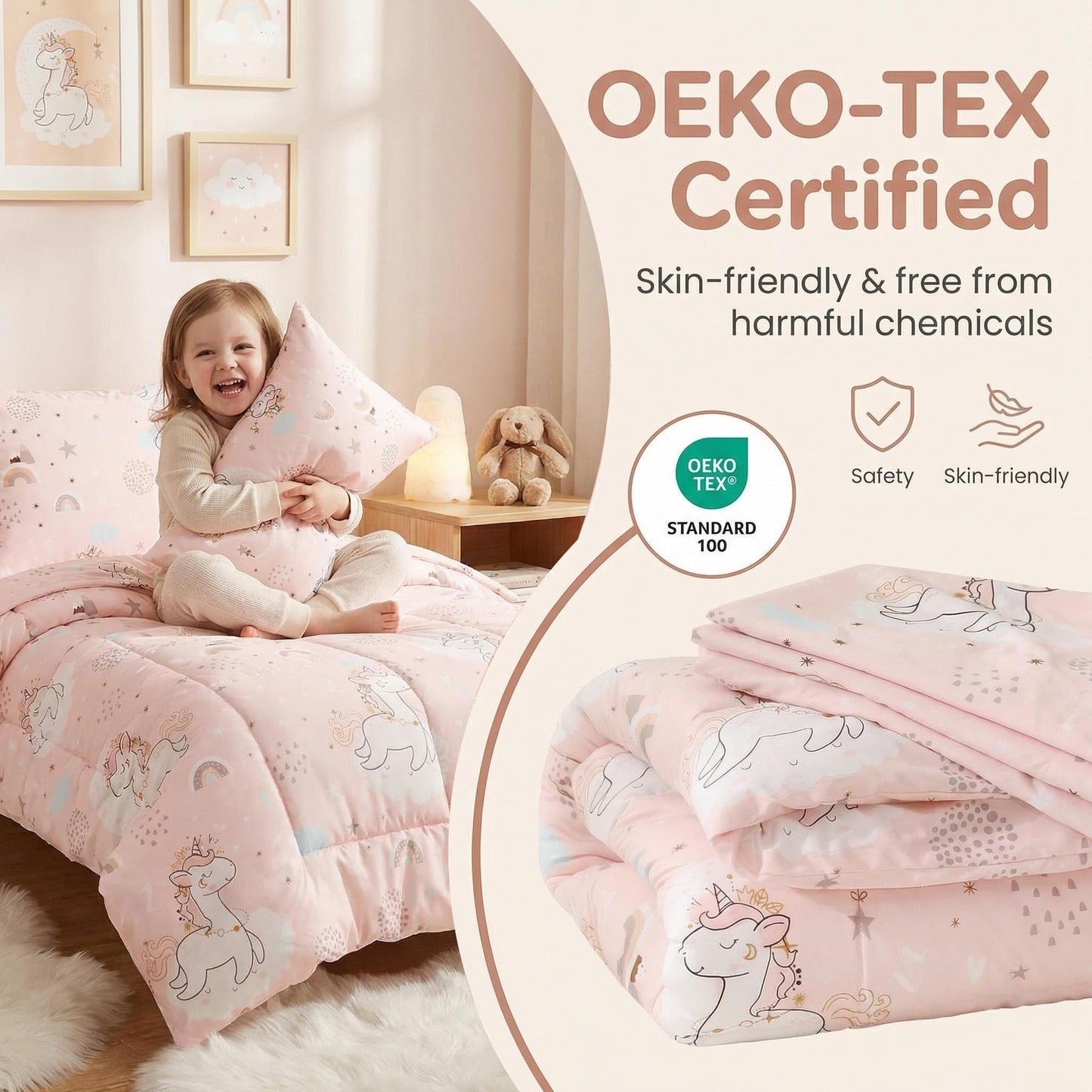 JSD Pink Unicorn Toddler Bedding Set, 4 Piece Bed-in-a-Bag Toddler Microfiber Comforter Sheet Set, Oeko-Tex Certified All Season Machine Washable