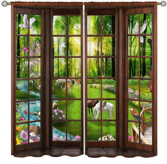 Landscape Window Curtains, 3D Window Forest Animals Lake Spring Forest Wildlife Nature Scenery Window Treatments for Bedroom Living Room Kitchen Home Farmhouse Drapes 2 Panel Set, 42x45 Inch
