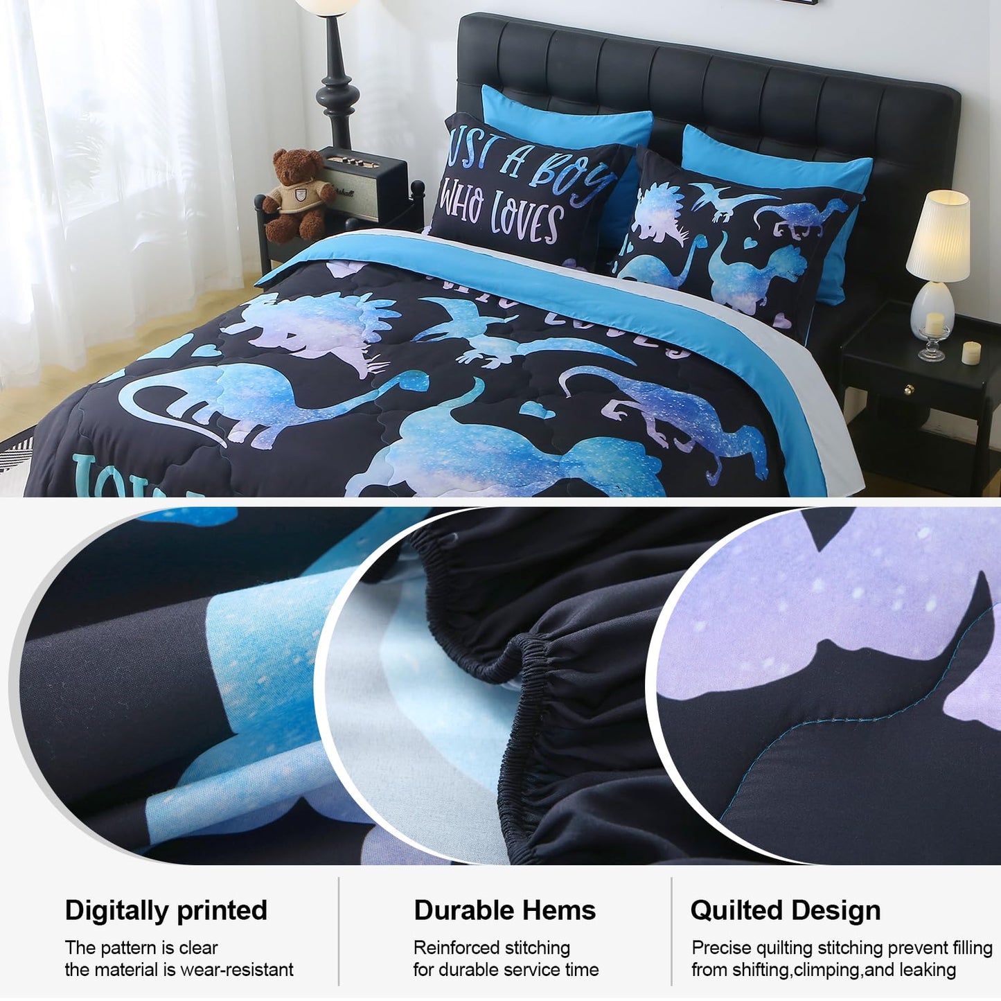 Jameswish 7 Piece Boys Dinosaur Comforter Set Twin Size Blue Dinonsaur Soft Microfiber Bed in A Bag with Comforter,Sheet Set,Pillowcase and Sham for Child Teens All Season