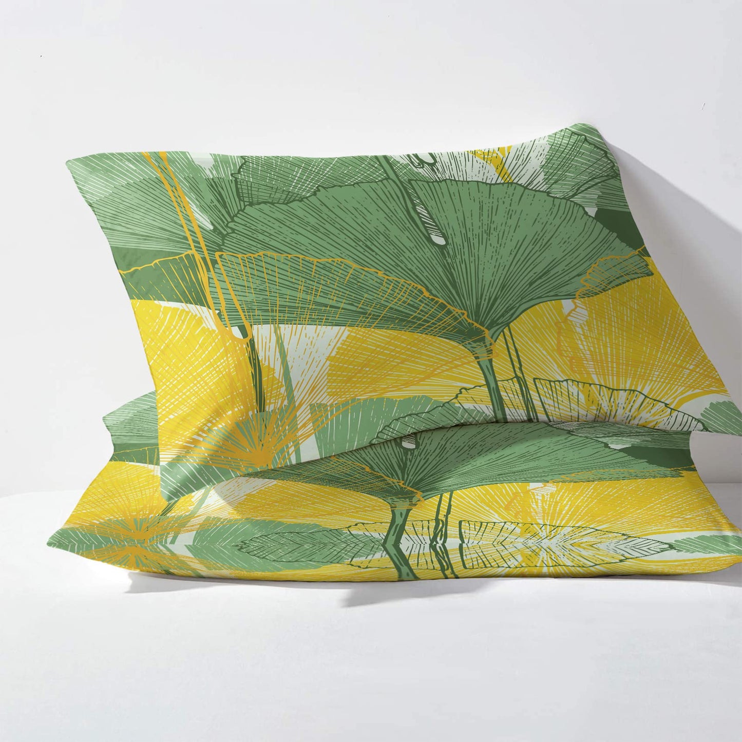 NOGAWA Gingko Leaves Sheets Queen Size, Yellow Green Print Bed Sheets, Patterned Bedding Sheets & Pillowcases 4 Piece Set - Soft Microfiber Deep Pocket Fitted Sheet & Flat Sheet & 2 Pillow Cases