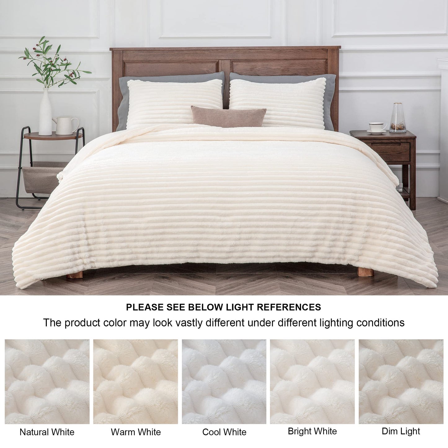 BEDELITE Fleece Queen Comforter Set -Super Soft & Warm Fluffy Cream White Bedding, Luxury Fuzzy Heavy Bed Set for All Season with 2 Pillow Cases