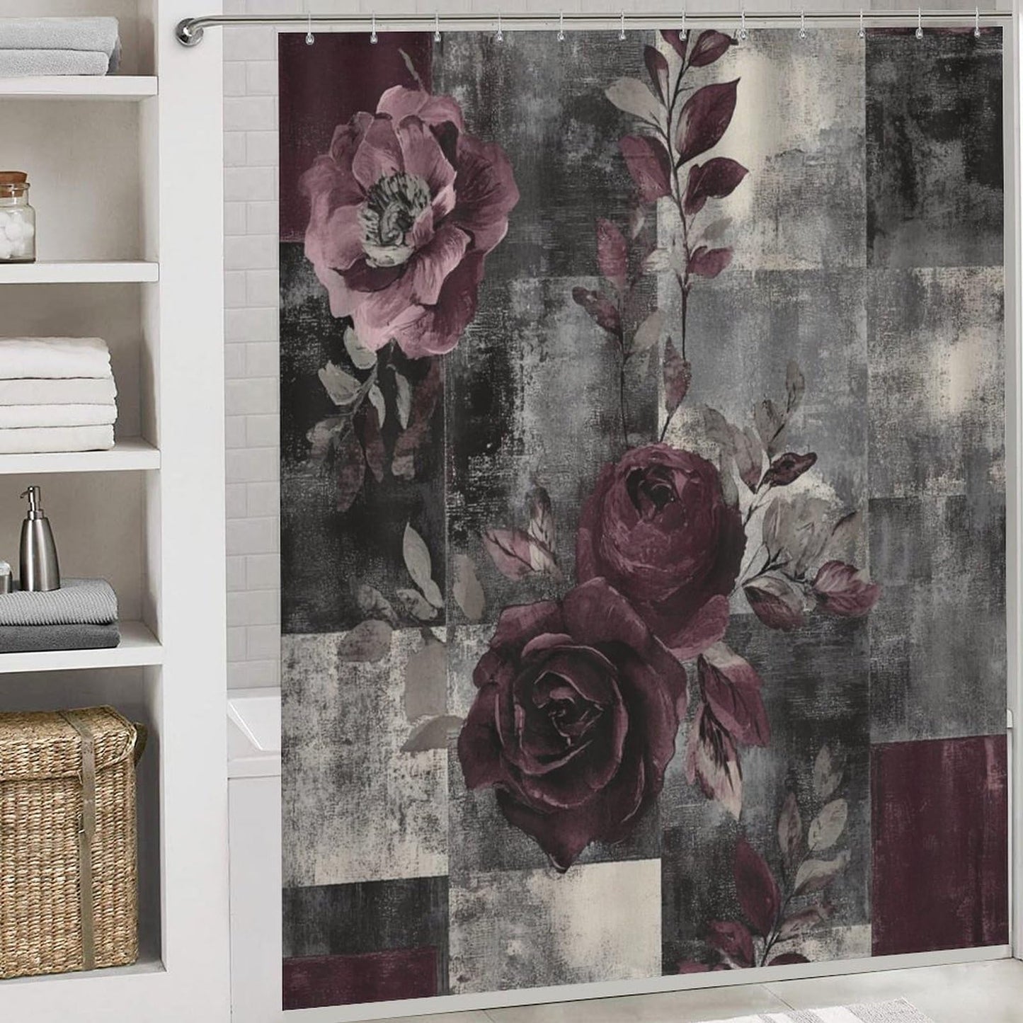 DIPQIMI 4Pcs Red Rose Patchwork Shower Curtain Sets with Rugs, Toilet Lid Cover and Bath Mat, Classic Art Flower Bathroom Shower Curtains Set with 12 Hooks