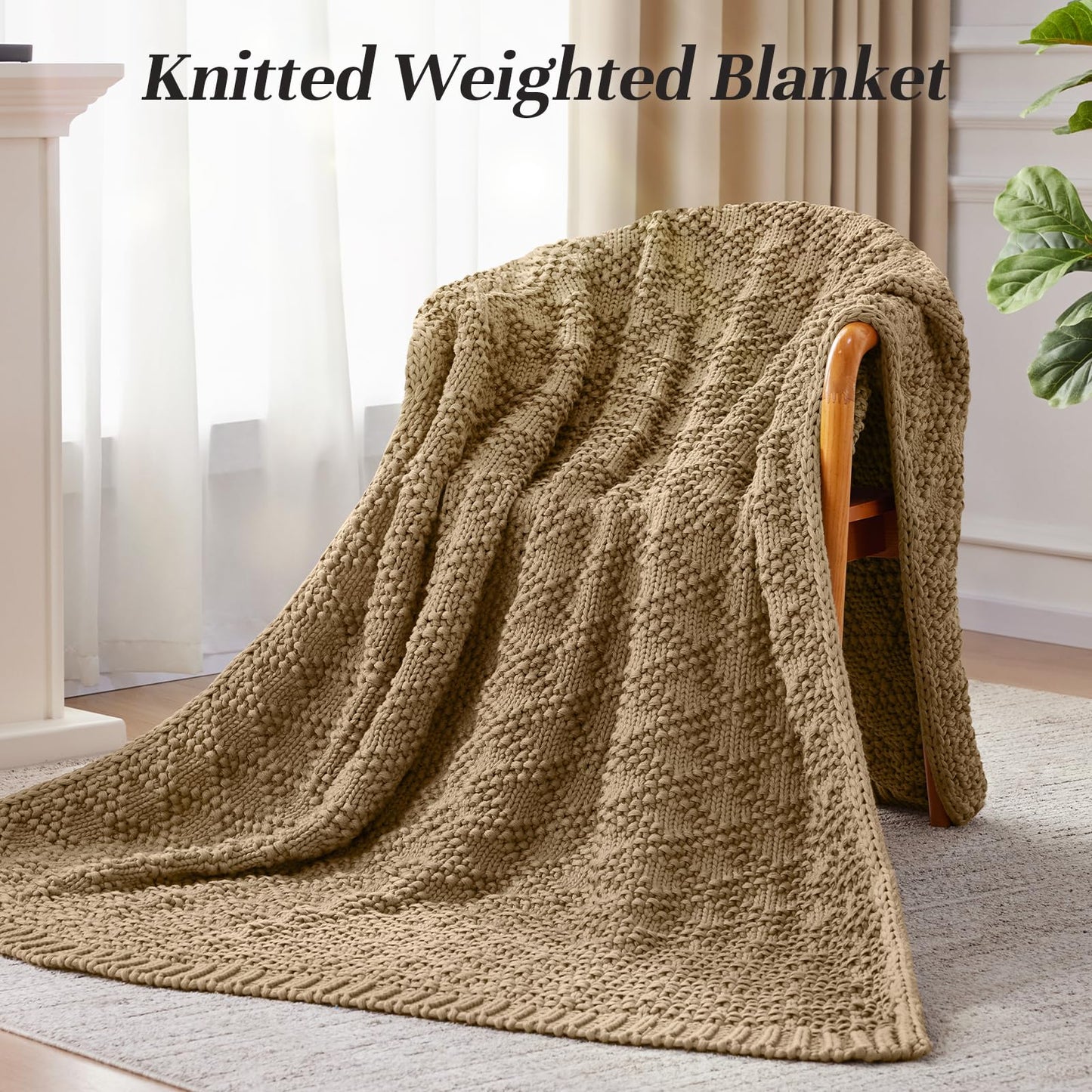 Anysay Knitted Weighted Blanket for Adult, Chunky Knit Weighted Throw for Sleep 60"*80" 20lbs, Cooling Breathable Machine Washable Fall Heavy Blanket for Room Decor (Beige, Queen)
