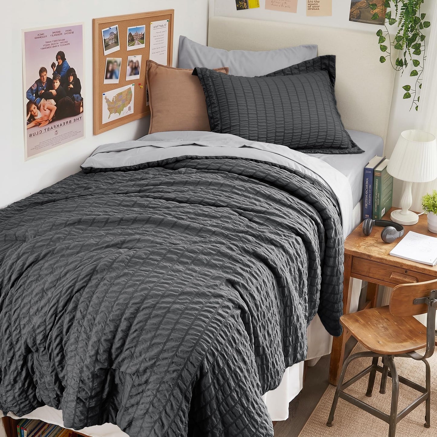 HYMOKEGE Dark Grey/Light Grey Twin Comforter Set Seersucker 5 Pieces, All Season Luxury Bed in a Bag for Bedroom, Bedding Set with Comforter, Sheets, Pillowcase & Sham