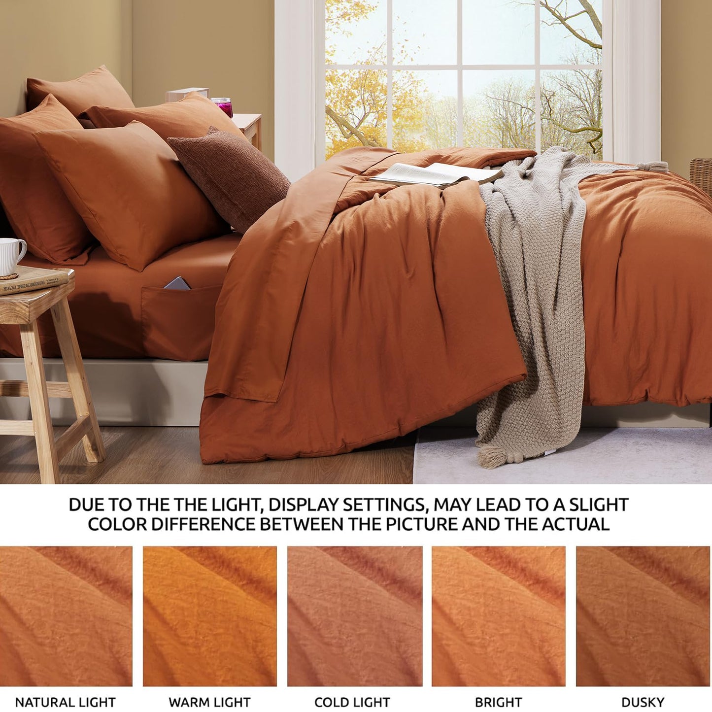 WRENSONGE Queen Comforter Set- 7 Pieces Soft Burnt Orange Bed in a Bag with Fitted Sheet, Flat Sheet, 2 Shams, and 2 Pillowcases-Warm Bed Sets Fall Comforter for All Seasons