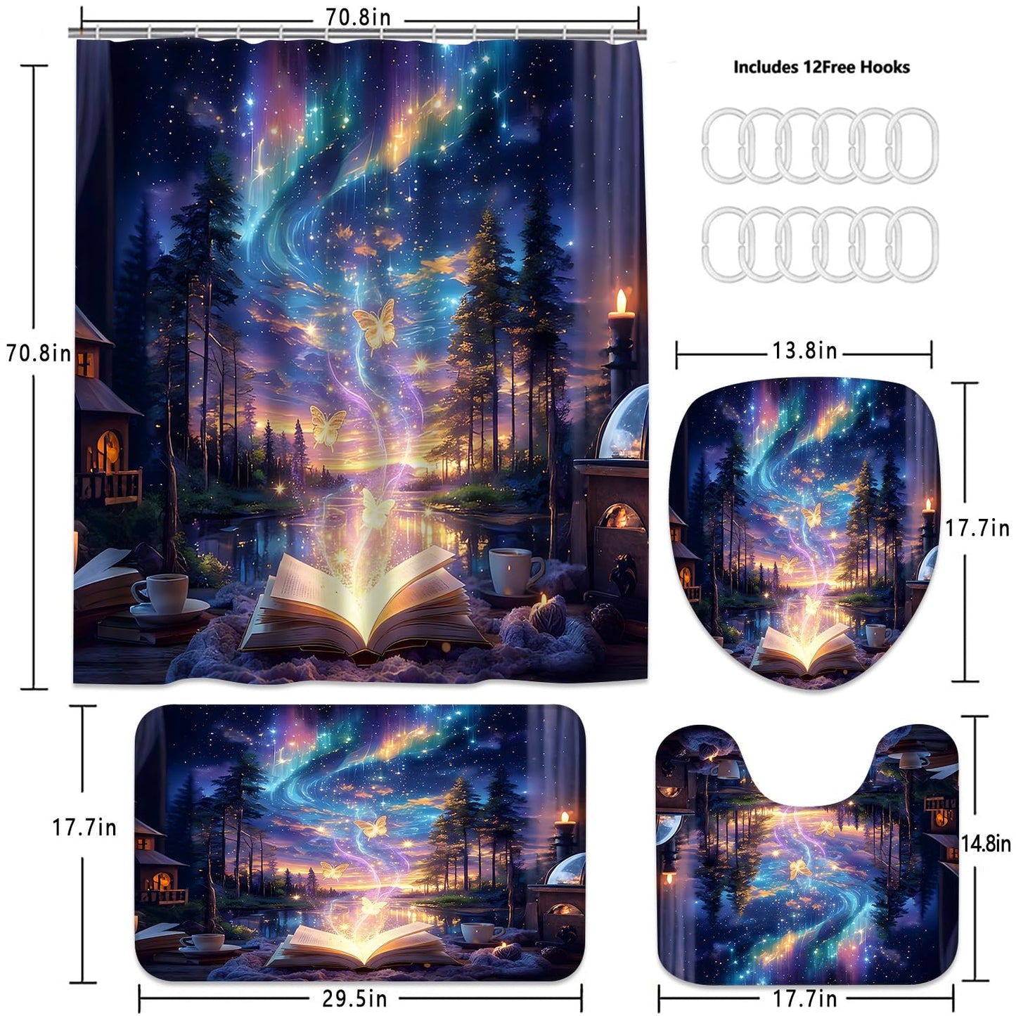 4Pcs Book Forest Starry Shower Curtain Sets with Non-Slip Rugs,Toilet Lid Cover and Bath Mat,Aurora Pattern Home Bathroom Decor Set Accessories Waterproof Shower Curtains with 12 Hooks,72 x 72 Inch