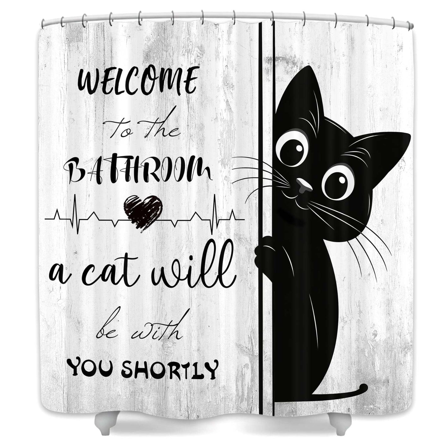 JAWO Funny Black Cat Shower Curtain, Welcome to The Bathroom Rustic Farmhouse Fabric Shower Curtain Set with Hooks, Cute Kitten Animal Waterproof Bath Curtain for Bathroom Decor,12pcs Hooks,69X70 in