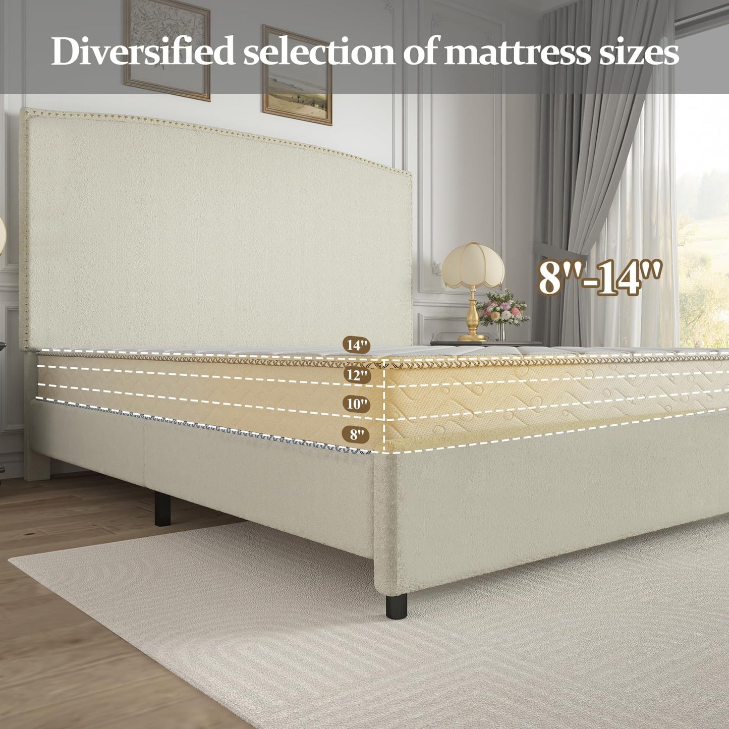 BarnFurin Queen Size Bed Frame with Headboard, 56" Upholstered Platform Bed with Nailhead Trim, Soft Boucle Fabric, No Box Spring Needed, Easy Assembly, Beige