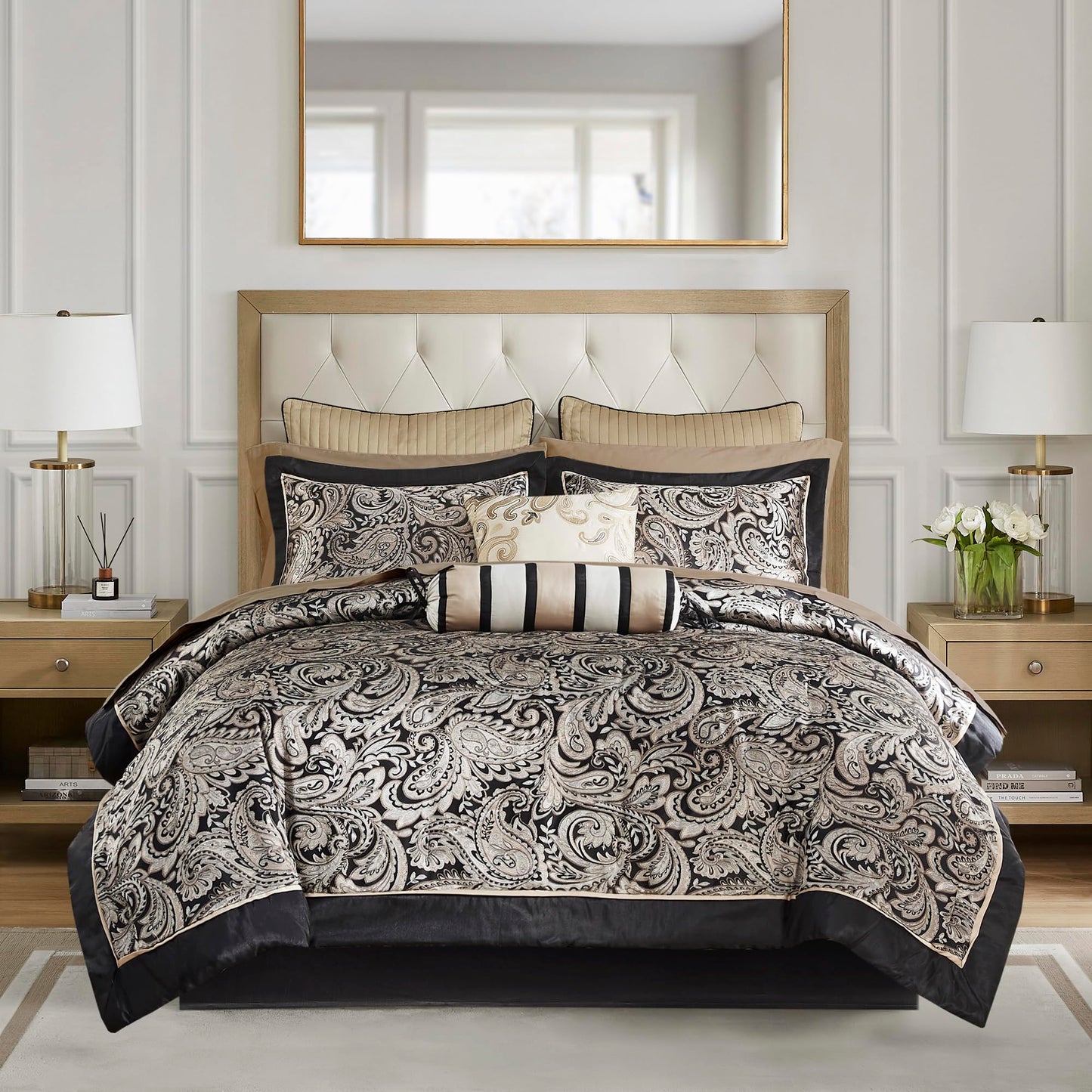 Madison Park Aubrey Cozy Comforter Set, Faux Silk Jacquard Paisley Design - All Season Down Alternative Bedding with Cotton Bed Sheets, Bed Skirt & Toss Pillows, Queen Black 12 Piece