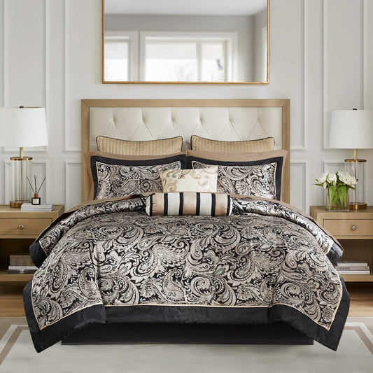 Madison Park Aubrey Cozy Comforter Set, Faux Silk Jacquard Paisley Design - All Season Down Alternative Bedding with Cotton Bed Sheets, Bed Skirt & Toss Pillows, Queen Black 12 Piece