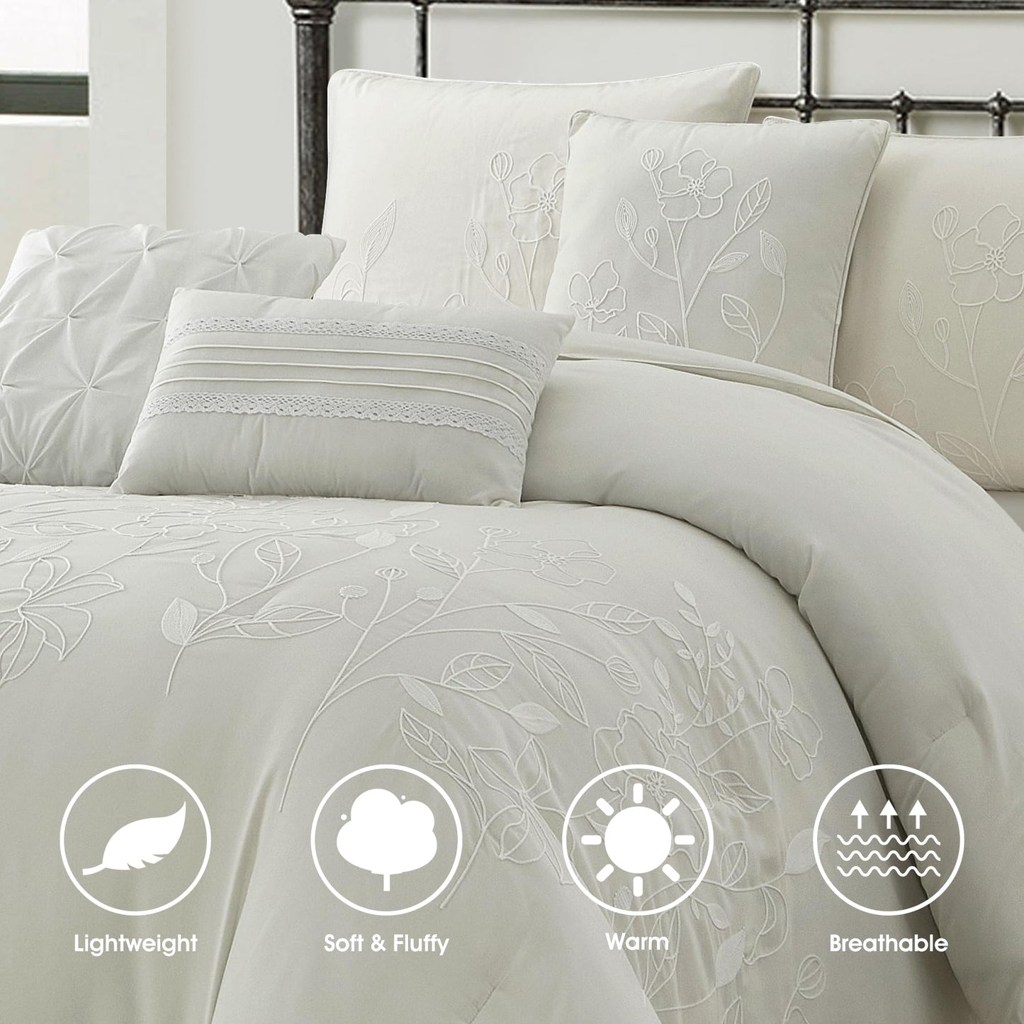 LANCO MODERN LIFESTYLE Blue Queen Comforter Set, Chain Stiching 3D Floral Embroidery, Exquisite and Elegant Bedding Sets, 7 Pieces Bed in a Bag, Bedskirt, Pillow Shams and Decor Pillows