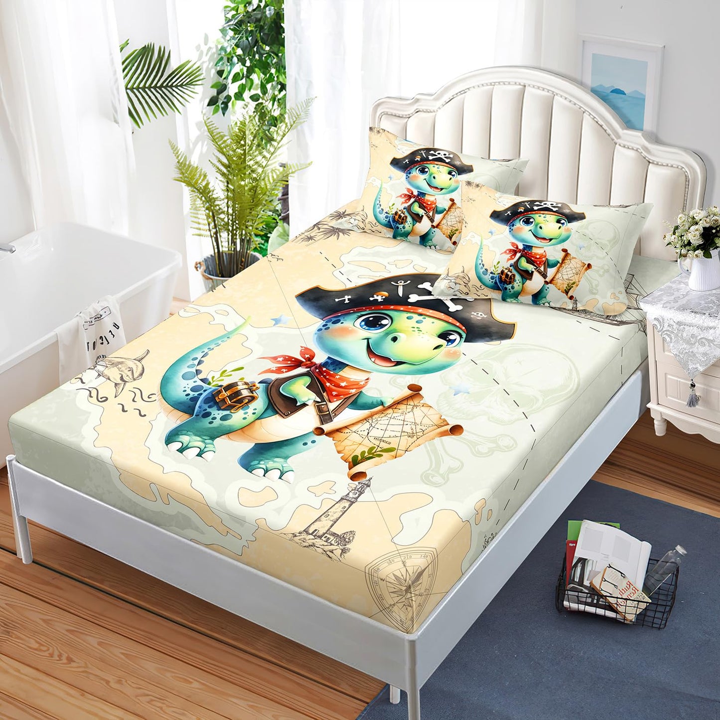 AILONEN Cute Dinosaur Fitted Sheet Set, Twin XL Size, Ocean Map Nautical Pirate Bed Sheet Set, Boys Exploring Captain Dinosaur Fitted Sheet with 2 Pillowcases