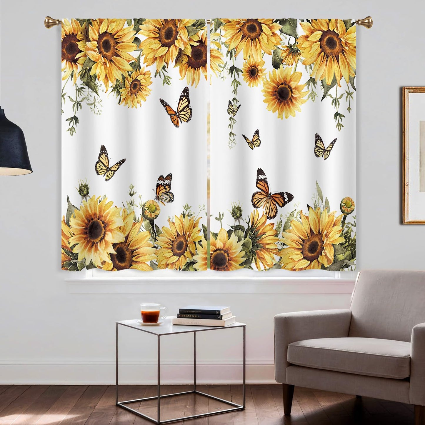 Cizuug Sunflower Yellow Floral Kitchen Curtain Rustic Country Flower Butterfly Farmhouse Over Sink Small Short Cafe Tier Bright Window Drapes Bathroom Home Decor 2 Panels