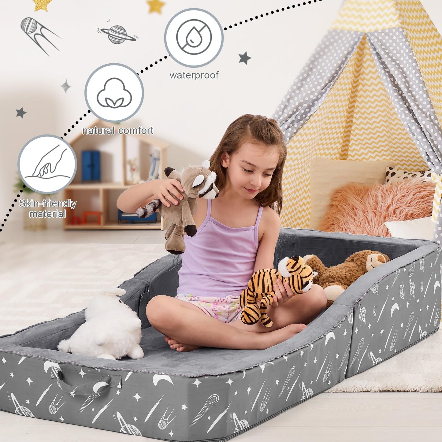 JOYWOO Toddler Floor Mat, Toddler Travel Mats for 3-6, Foldable Portable Foam Mat for Home/Playroom/Hotel, Kids Floor Mats with Washable Cloth Cover, Playmat Foam Pad for Kids, Charcoal