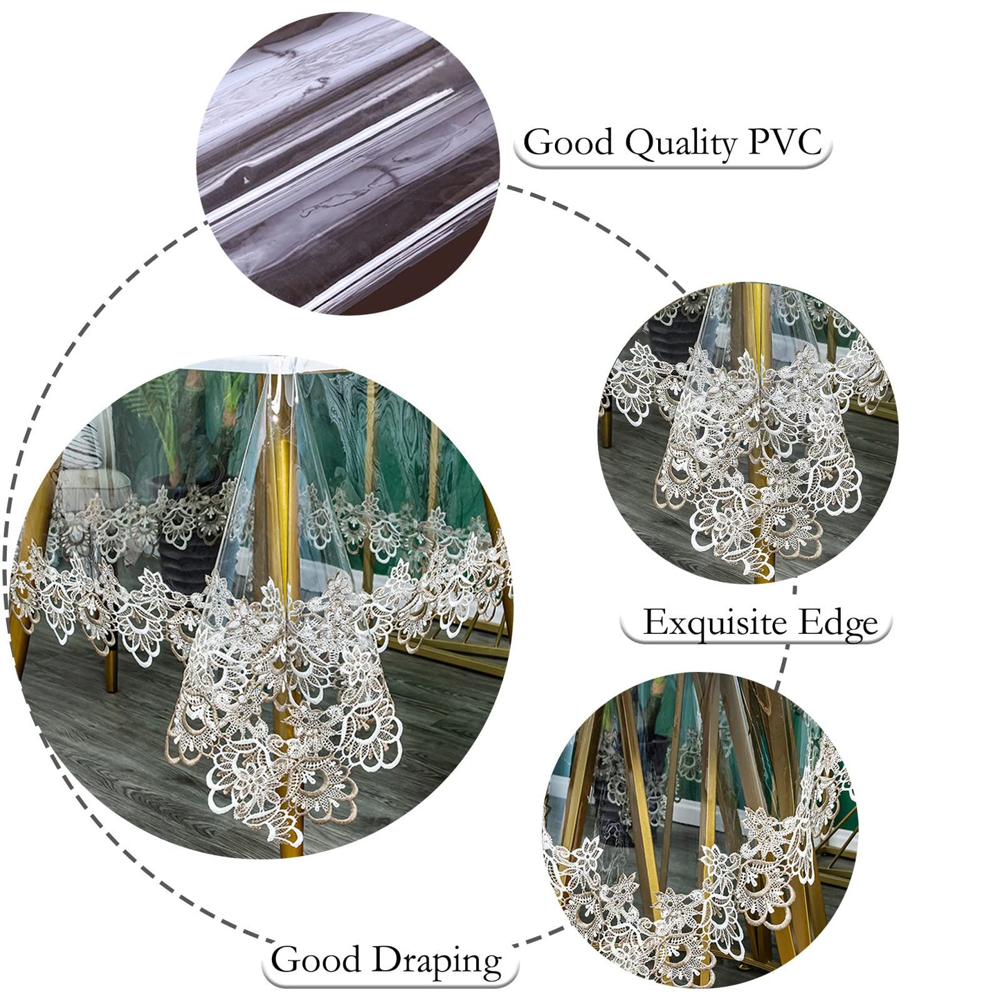 Jeloris Plastic Clear Rectangle Tablecloth Vinyl PVC Waterproof Tablecloth Embroidered Lace Edge Transparent Table Cover for Kitchen Dining Coffee Table (43x62 inch, Khaki Flora)
