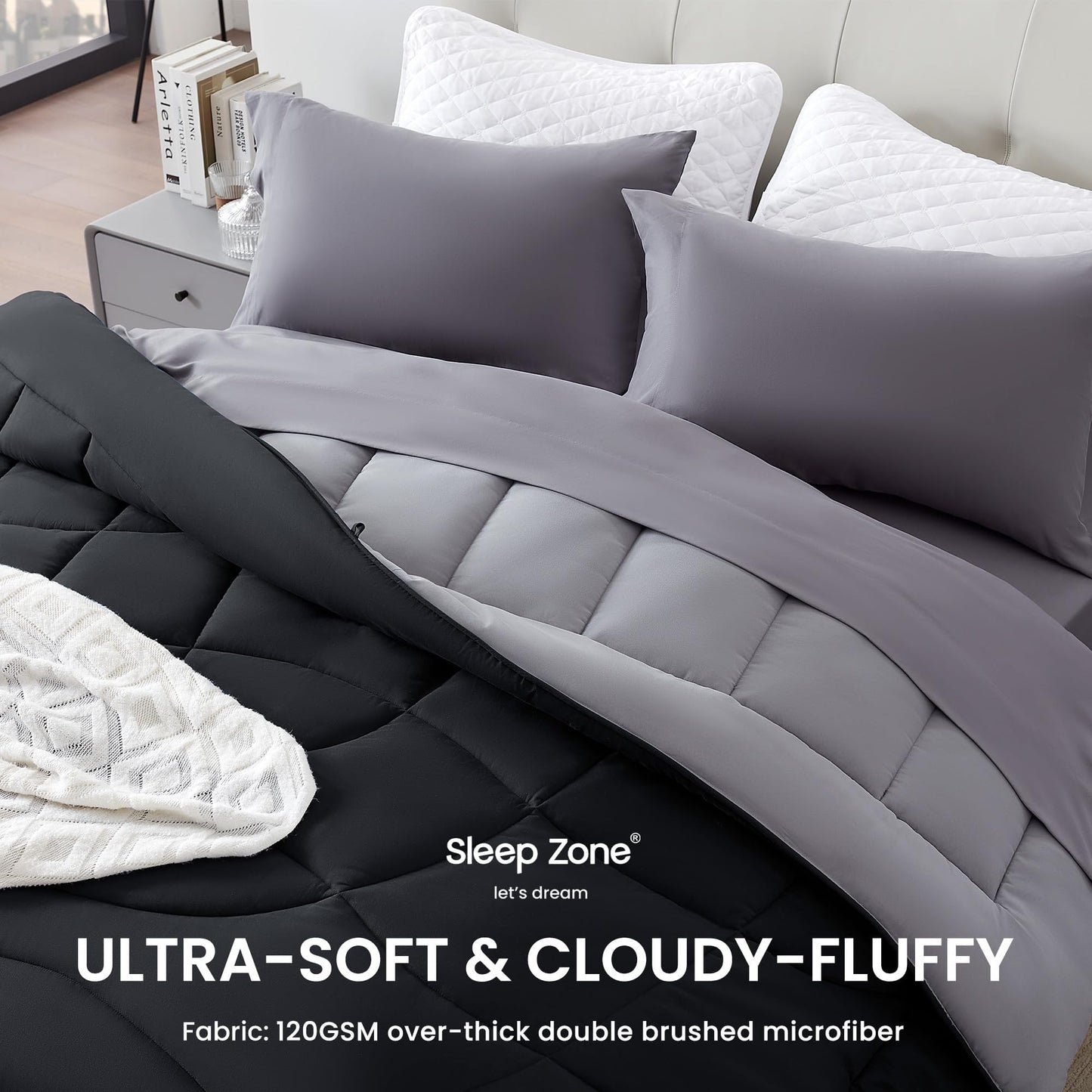 SLEEP ZONE Comforter Duvet Insert, Queen Size Quilted Reversible Comforters, Soft All Season Duvet, Down Alternative Breathable Bedding with 8 tabs, 2 Sides Black Gray 88 x 88 Inches