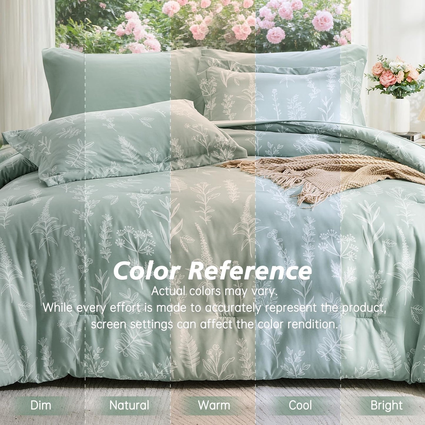 MUXHOMO King Comforter Set 7 Pieces, Sage Green Elegant Floral Print Bed in a Bag King, Ultra Soft & Breathable Reversible Botanical Pattern Bedding Set with Comforter, Sheets, Pillowcases, and Shams