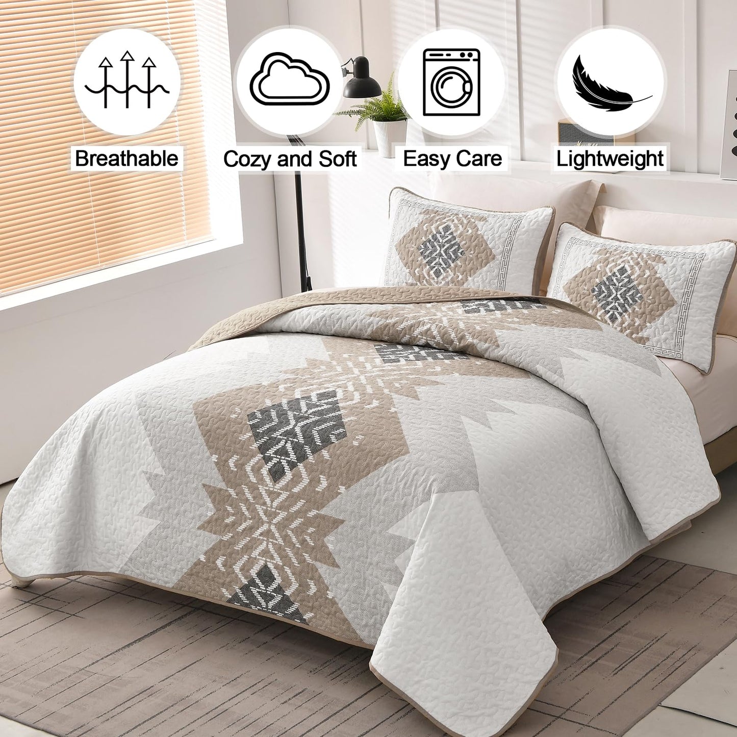 Dintszyayue Brown Boho Quilt Set King,3 Pieces Aztec Texture Quilt with 2 Pillowcases,Bohemian Geometric Bedspread Bedding Set Microfiber Quilted Coverlet Set for All Seasons King Size(90"×103")