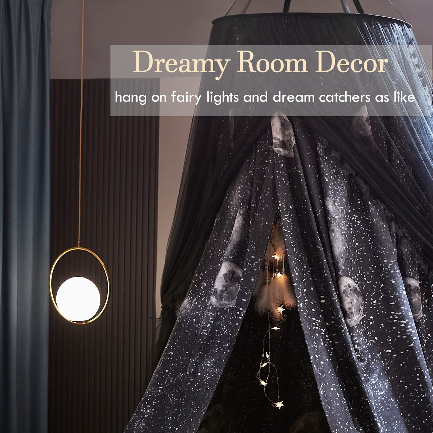 Kertnic Gorgeous Moon Printed Printed Bed Canopy for Girls & Adults, Room Decorative Cozy Bed Curtain Canopy Drapes, Round Dome Luxurious Lace Princess Canopies Mosquito Netting (Print Moon)