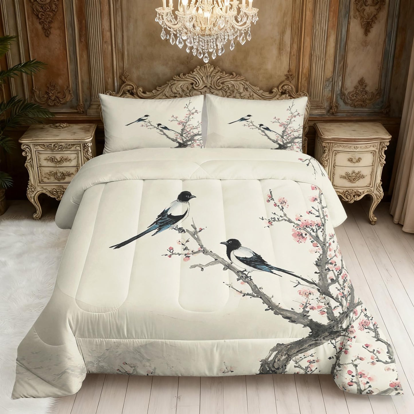 TANCAPRIUM Japanese Comforter Set Queen - Flower Bird Bedding Set & 2 Pilow Cases for All Season - Soft Reversible Down Alternative 3 Piece. Japanese Bedrom Decor