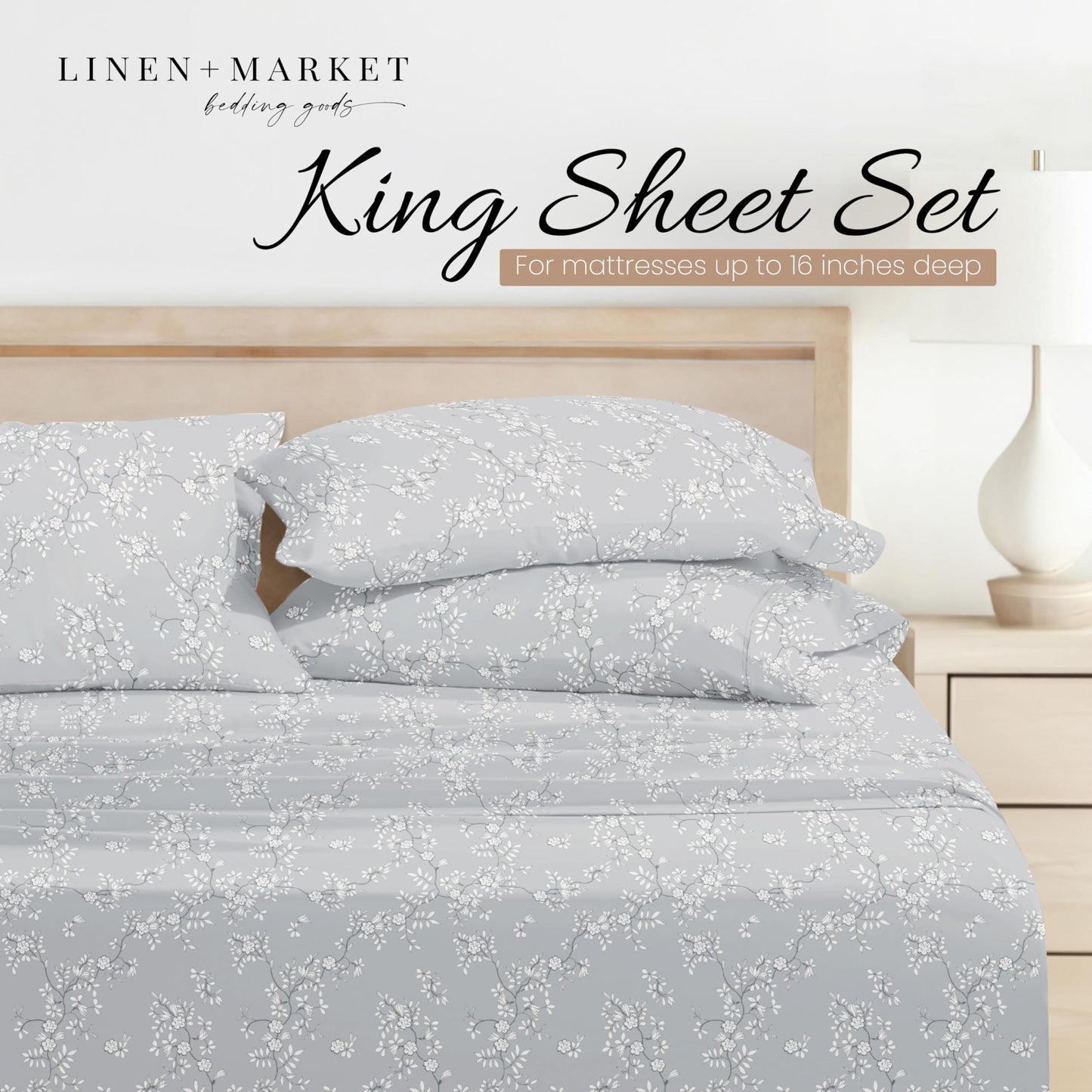 Linen Market Patterned Microfiber King Sheet Set 4 Piece – Oeko-TEX Certified Ultra Soft & Wrinkle-Free - 16" Deep Pocket Sheets - Easy Care King Size - Trellis Vine Light Gray